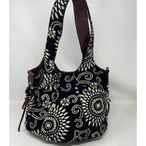 Vintage Lucky Brand Hobo Bucket Bag Black White Boho Cloth Leather Trim